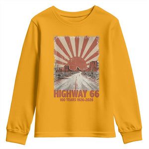 Highway 66 Main Street of America Sunset Horizon Youth Sweatshirt Centennial 1926-2026 Retro Desert Sunburst Graphic TS02 Gold Print Your Wear