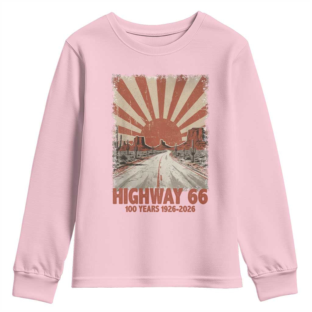 Highway 66 Main Street of America Sunset Horizon Youth Sweatshirt Centennial 1926-2026 Retro Desert Sunburst Graphic TS02 Light Pink Print Your Wear