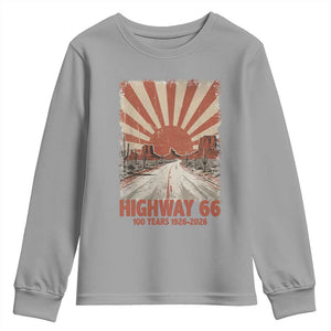 Highway 66 Main Street of America Sunset Horizon Youth Sweatshirt Centennial 1926-2026 Retro Desert Sunburst Graphic TS02 Sport Gray Print Your Wear