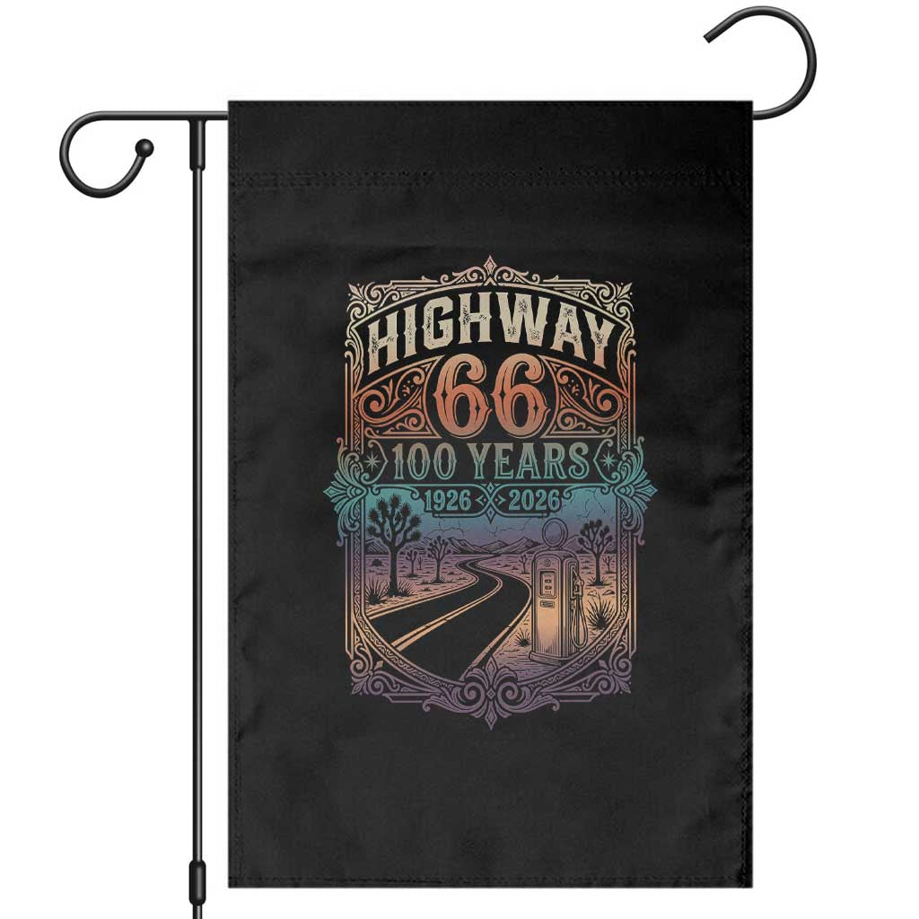 Highway 66 100 Years of the Mother Road Garden Flag Centennial 1926-2026 Desert Oasis Retro Rainbow Graphic TS02 Black Print Your Wear