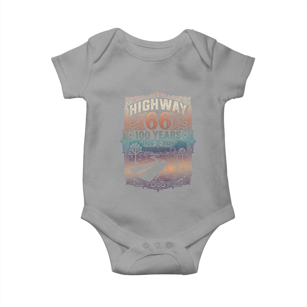Highway 66 100 Years of the Mother Road Baby Onesie Centennial 1926-2026 Desert Oasis Retro Rainbow Graphic TS02 Sport Gray Print Your Wear