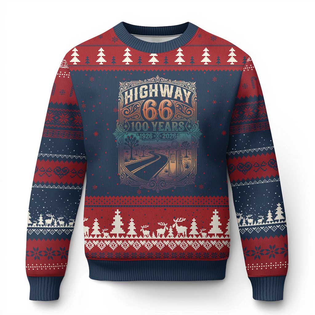 Highway 66 100 Years of the Mother Road Ugly Christmas Sweater Centennial 1926-2026 Desert Oasis Retro Rainbow Graphic TS02 Navy Red Print Your Wear
