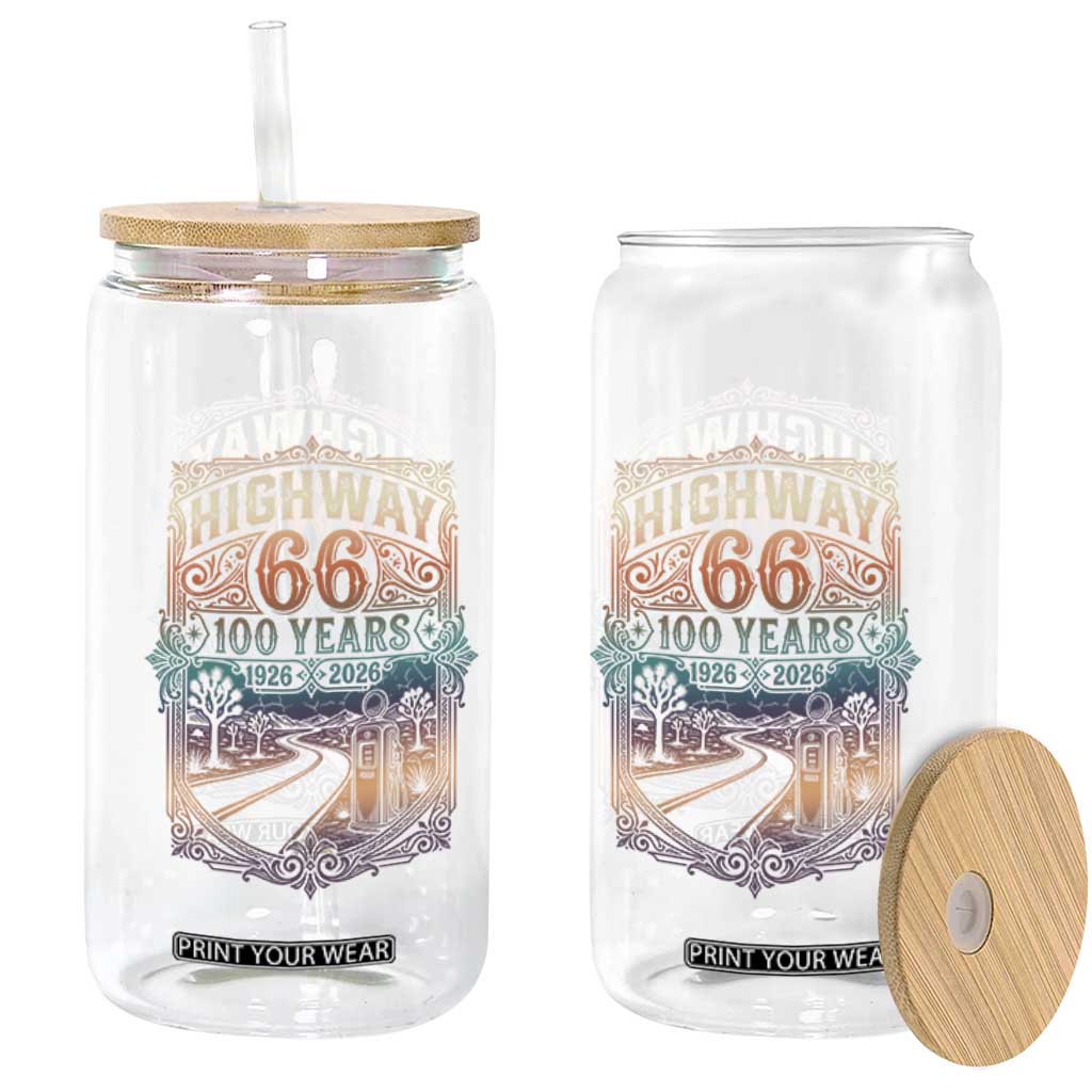 Highway 66 100 Years of the Mother Road Glass Can Centennial 1926-2026 Desert Oasis Retro Rainbow Graphic TS02 Print Your Wear