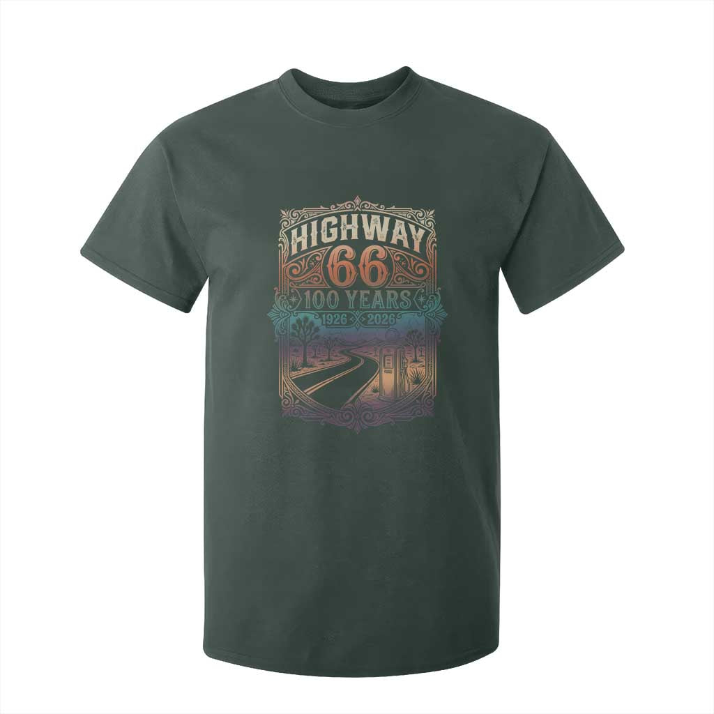 Highway 66 100 Years of the Mother Road T Shirt For Kid Centennial 1926-2026 Desert Oasis Retro Rainbow Graphic TS02 Dark Forest Green Print Your Wear