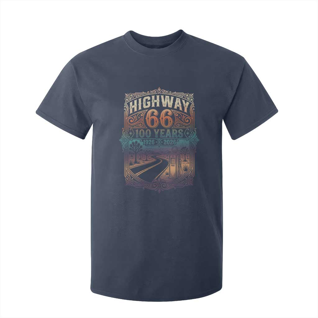 Highway 66 100 Years of the Mother Road T Shirt For Kid Centennial 1926-2026 Desert Oasis Retro Rainbow Graphic TS02 Navy Print Your Wear
