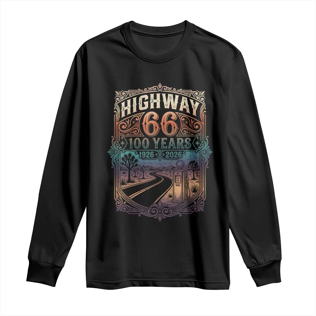Highway 66 100 Years of the Mother Road Long Sleeve Shirt Centennial 1926-2026 Desert Oasis Retro Rainbow Graphic TS02 Black Print Your Wear