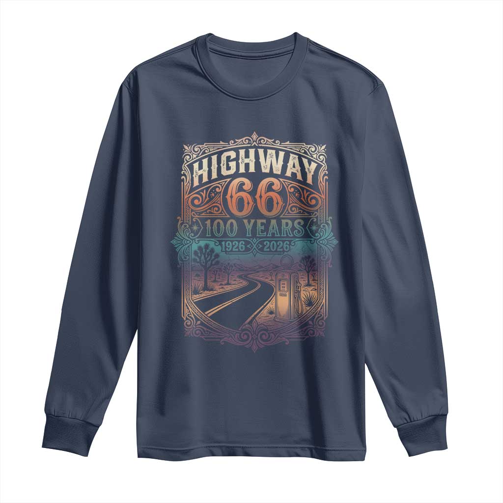 Highway 66 100 Years of the Mother Road Long Sleeve Shirt Centennial 1926-2026 Desert Oasis Retro Rainbow Graphic TS02 Navy Print Your Wear