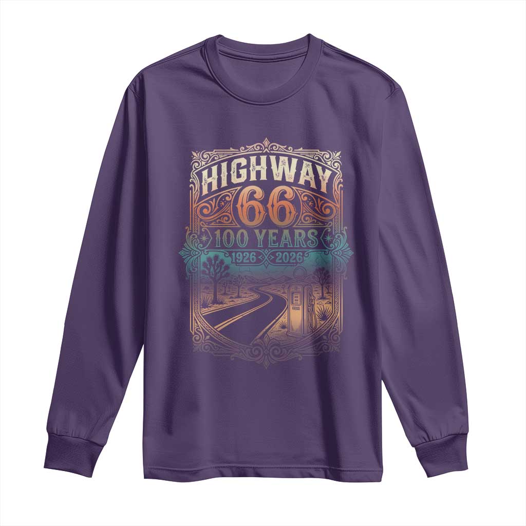 Highway 66 100 Years of the Mother Road Long Sleeve Shirt Centennial 1926-2026 Desert Oasis Retro Rainbow Graphic TS02 Purple Print Your Wear