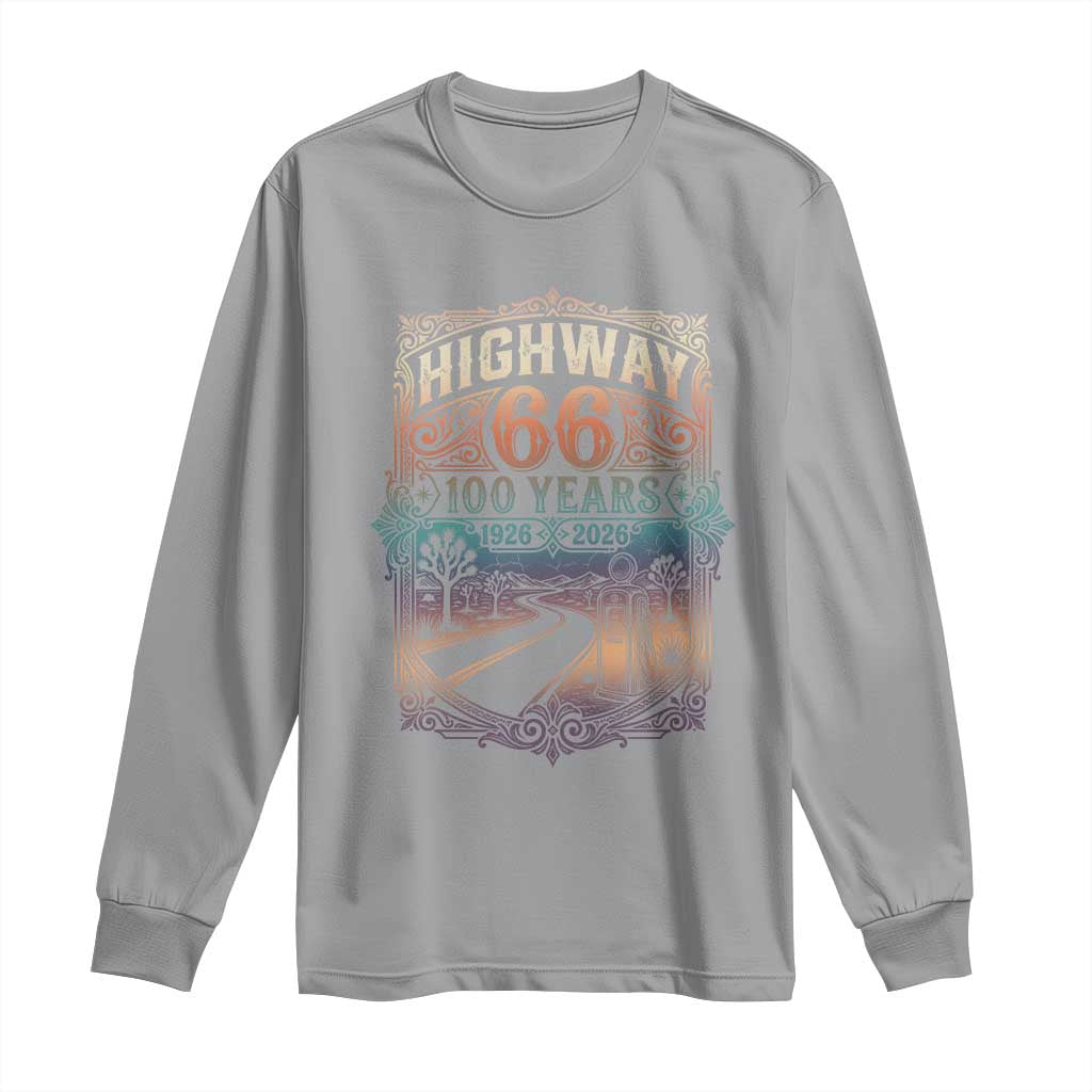 Highway 66 100 Years of the Mother Road Long Sleeve Shirt Centennial 1926-2026 Desert Oasis Retro Rainbow Graphic TS02 Sport Gray Print Your Wear