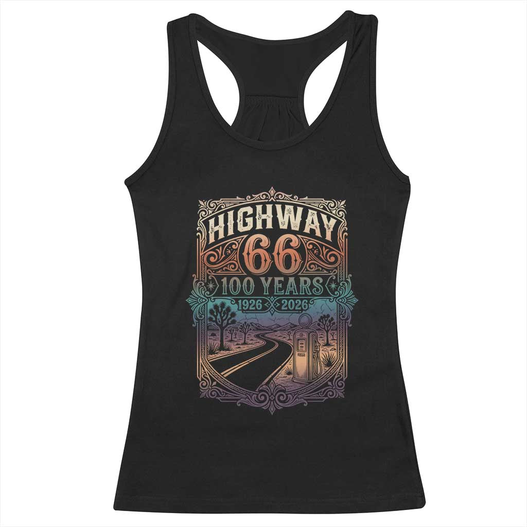 Highway 66 100 Years of the Mother Road Racerback Tank Top Centennial 1926-2026 Desert Oasis Retro Rainbow Graphic TS02 Black Print Your Wear