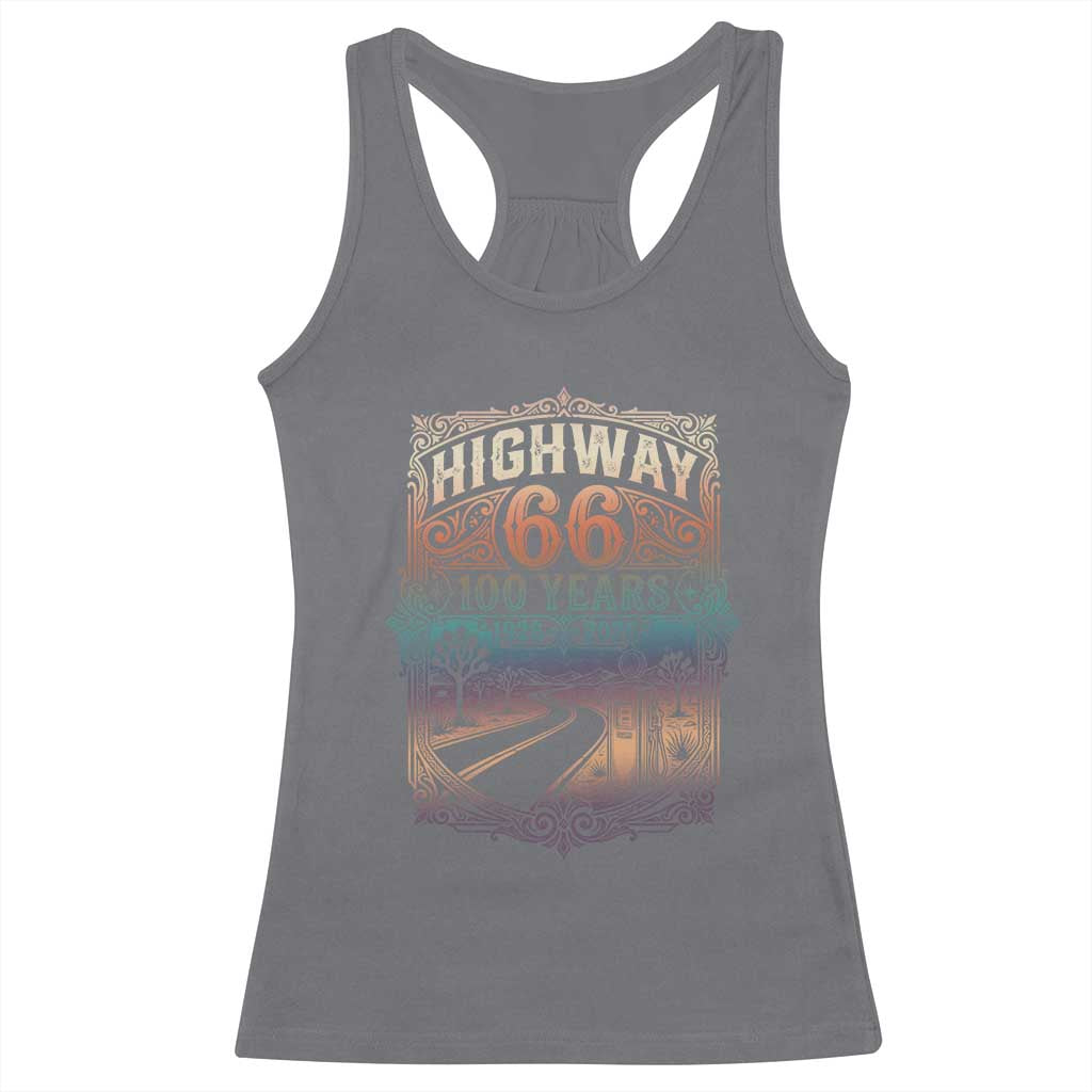 Highway 66 100 Years of the Mother Road Racerback Tank Top Centennial 1926-2026 Desert Oasis Retro Rainbow Graphic TS02 Charcoal Print Your Wear