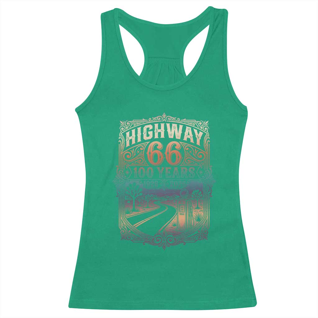 Highway 66 100 Years of the Mother Road Racerback Tank Top Centennial 1926-2026 Desert Oasis Retro Rainbow Graphic TS02 Irish Green Print Your Wear