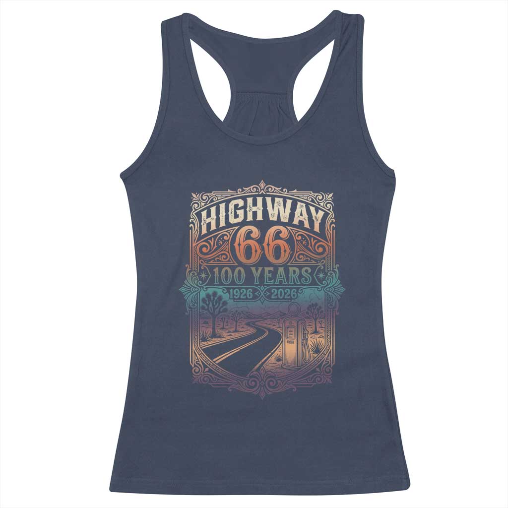 Highway 66 100 Years of the Mother Road Racerback Tank Top Centennial 1926-2026 Desert Oasis Retro Rainbow Graphic TS02 Navy Print Your Wear