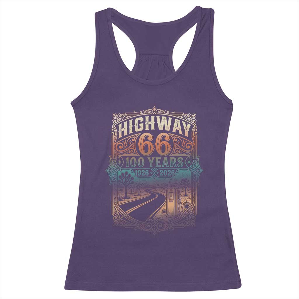 Highway 66 100 Years of the Mother Road Racerback Tank Top Centennial 1926-2026 Desert Oasis Retro Rainbow Graphic TS02 Purple Print Your Wear