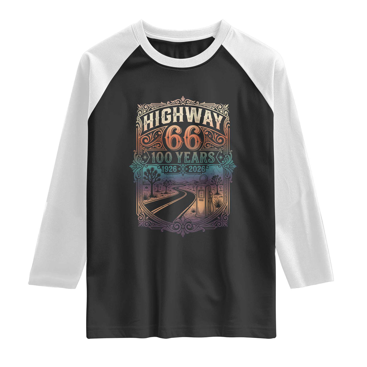 Highway 66 100 Years of the Mother Road Raglan Shirt Centennial 1926-2026 Desert Oasis Retro Rainbow Graphic TS02 Black White Print Your Wear