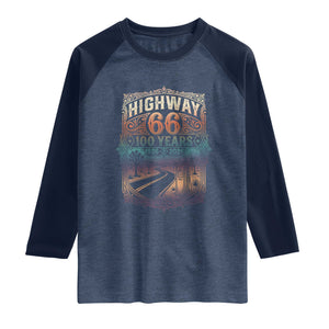 Highway 66 100 Years of the Mother Road Raglan Shirt Centennial 1926-2026 Desert Oasis Retro Rainbow Graphic TS02 Heather Denim Navy Print Your Wear