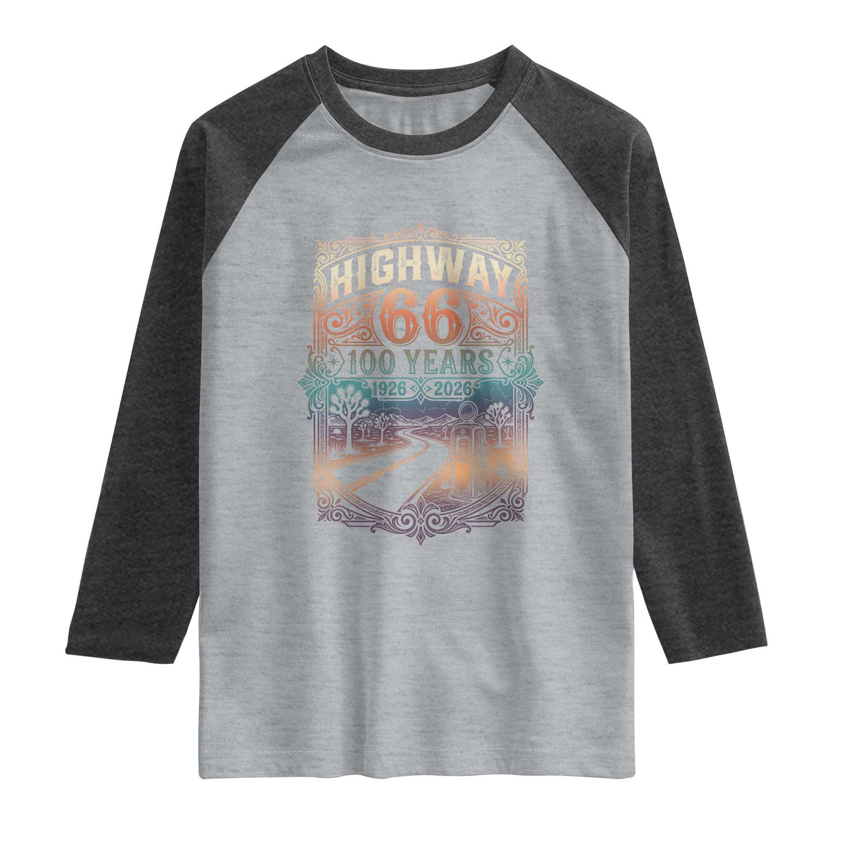Highway 66 100 Years of the Mother Road Raglan Shirt Centennial 1926-2026 Desert Oasis Retro Rainbow Graphic TS02 Heather Gray Heather Charcoal Print Your Wear