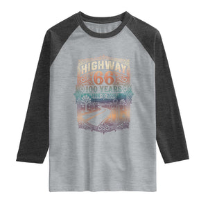 Highway 66 100 Years of the Mother Road Raglan Shirt Centennial 1926-2026 Desert Oasis Retro Rainbow Graphic TS02 Heather Gray Heather Charcoal Print Your Wear