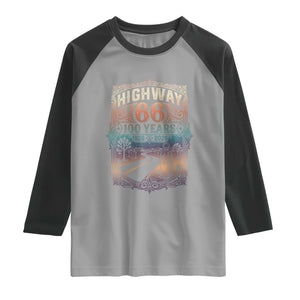 Highway 66 100 Years of the Mother Road Raglan Shirt Centennial 1926-2026 Desert Oasis Retro Rainbow Graphic TS02 Sport Gray Black Print Your Wear