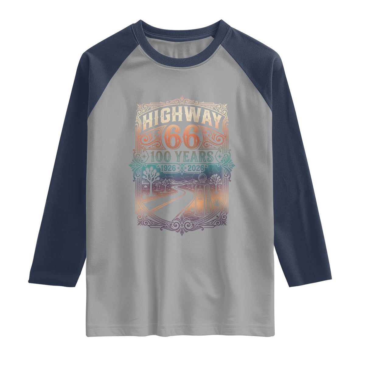 Highway 66 100 Years of the Mother Road Raglan Shirt Centennial 1926-2026 Desert Oasis Retro Rainbow Graphic TS02 Sport Gray Navy Print Your Wear