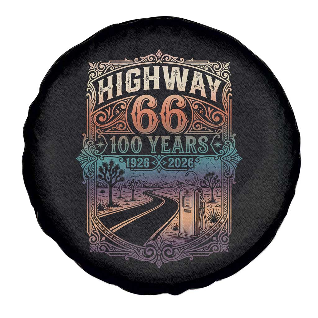 Highway 66 100 Years of the Mother Road Spare Tire Cover Centennial 1926-2026 Desert Oasis Retro Rainbow Graphic TS02 Print Your Wear