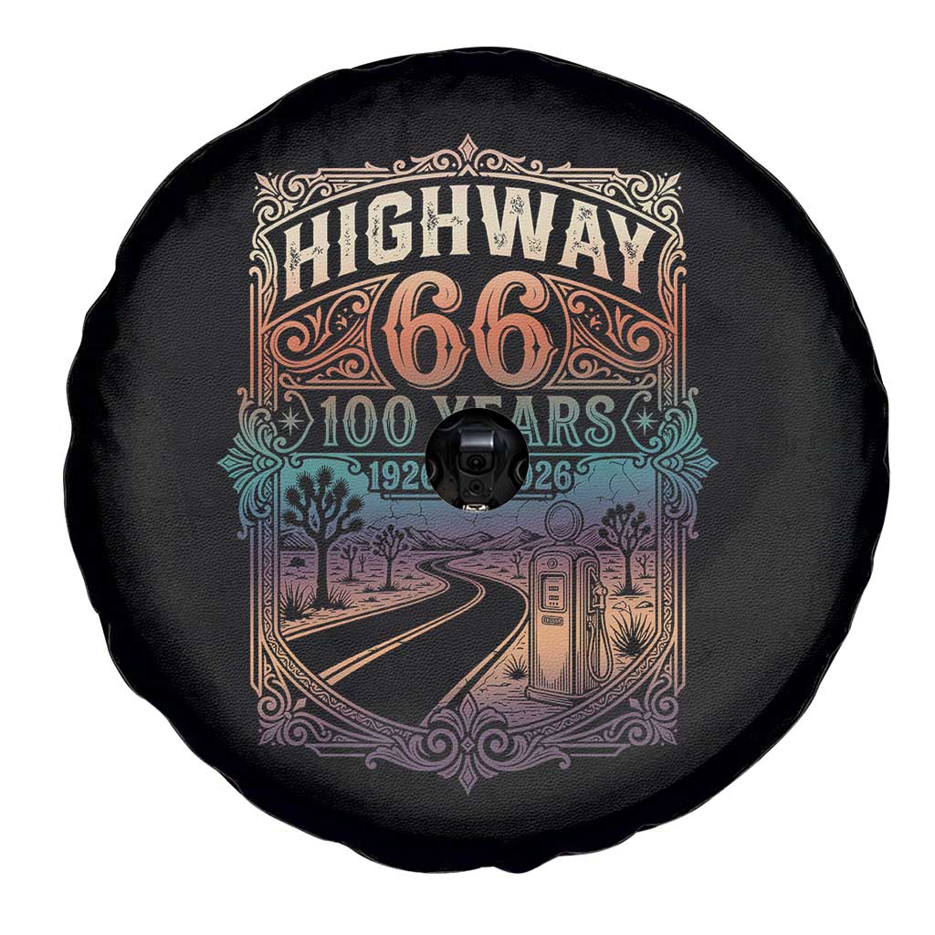 Highway 66 100 Years of the Mother Road Spare Tire Cover Centennial 1926-2026 Desert Oasis Retro Rainbow Graphic TS02 Print Your Wear