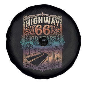 Highway 66 100 Years of the Mother Road Spare Tire Cover Centennial 1926-2026 Desert Oasis Retro Rainbow Graphic TS02 Print Your Wear