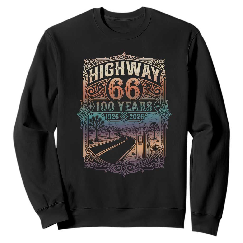 Highway 66 100 Years of the Mother Road Sweatshirt Centennial 1926-2026 Desert Oasis Retro Rainbow Graphic TS02 Black Print Your Wear