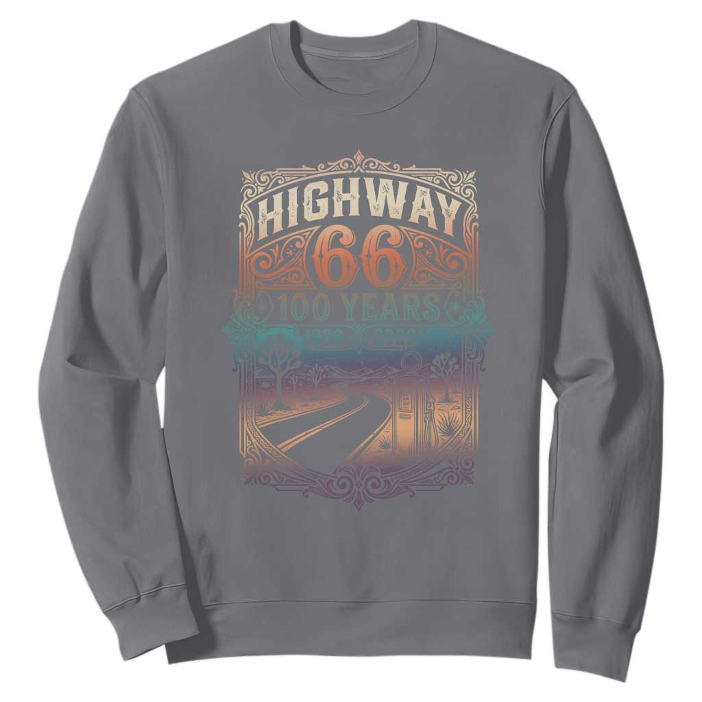 Highway 66 100 Years of the Mother Road Sweatshirt Centennial 1926-2026 Desert Oasis Retro Rainbow Graphic TS02 Charcoal Print Your Wear