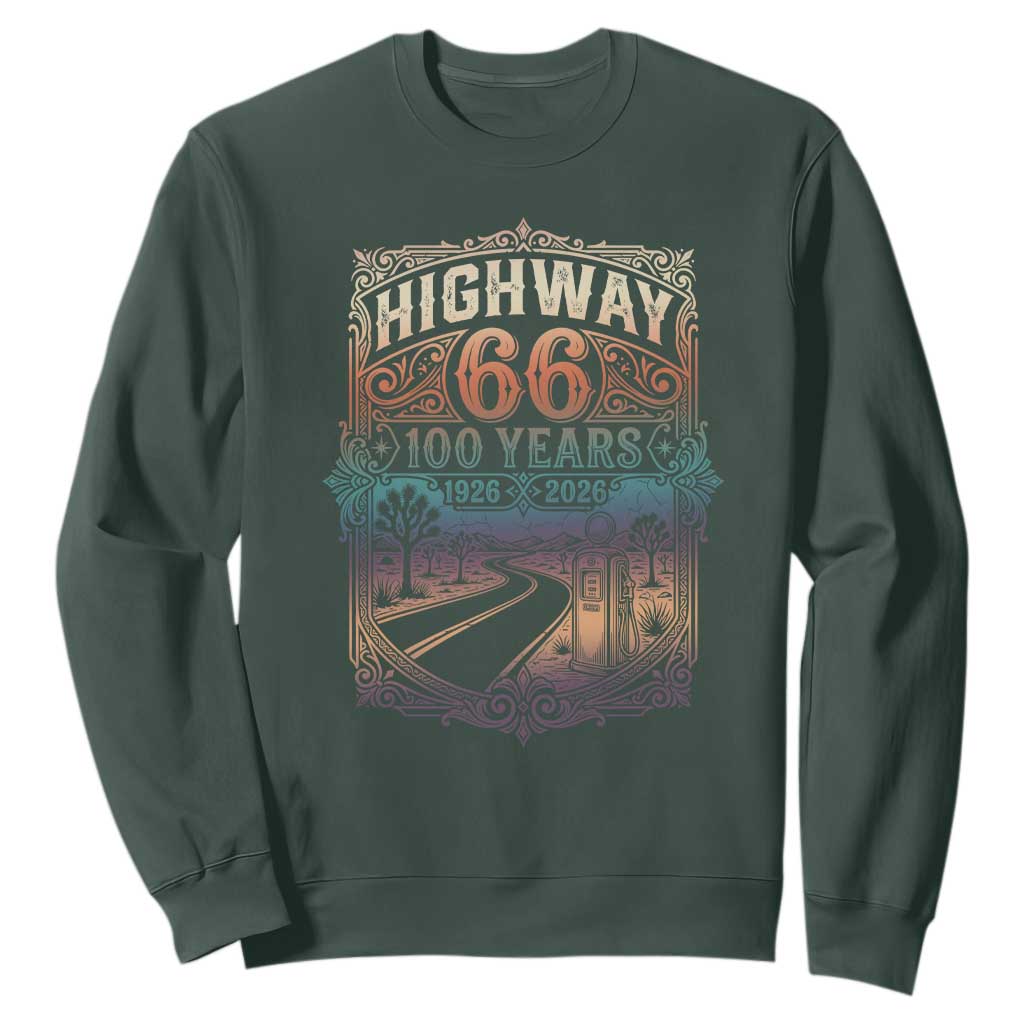 Highway 66 100 Years of the Mother Road Sweatshirt Centennial 1926-2026 Desert Oasis Retro Rainbow Graphic TS02 Dark Forest Green Print Your Wear