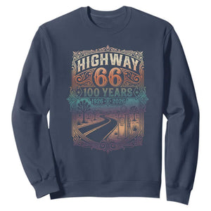 Highway 66 100 Years of the Mother Road Sweatshirt Centennial 1926-2026 Desert Oasis Retro Rainbow Graphic TS02 Navy Print Your Wear