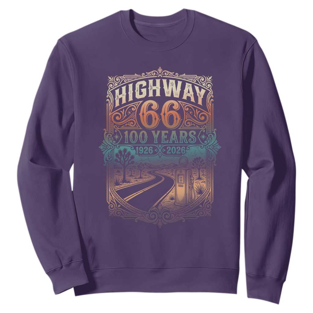 Highway 66 100 Years of the Mother Road Sweatshirt Centennial 1926-2026 Desert Oasis Retro Rainbow Graphic TS02 Purple Print Your Wear
