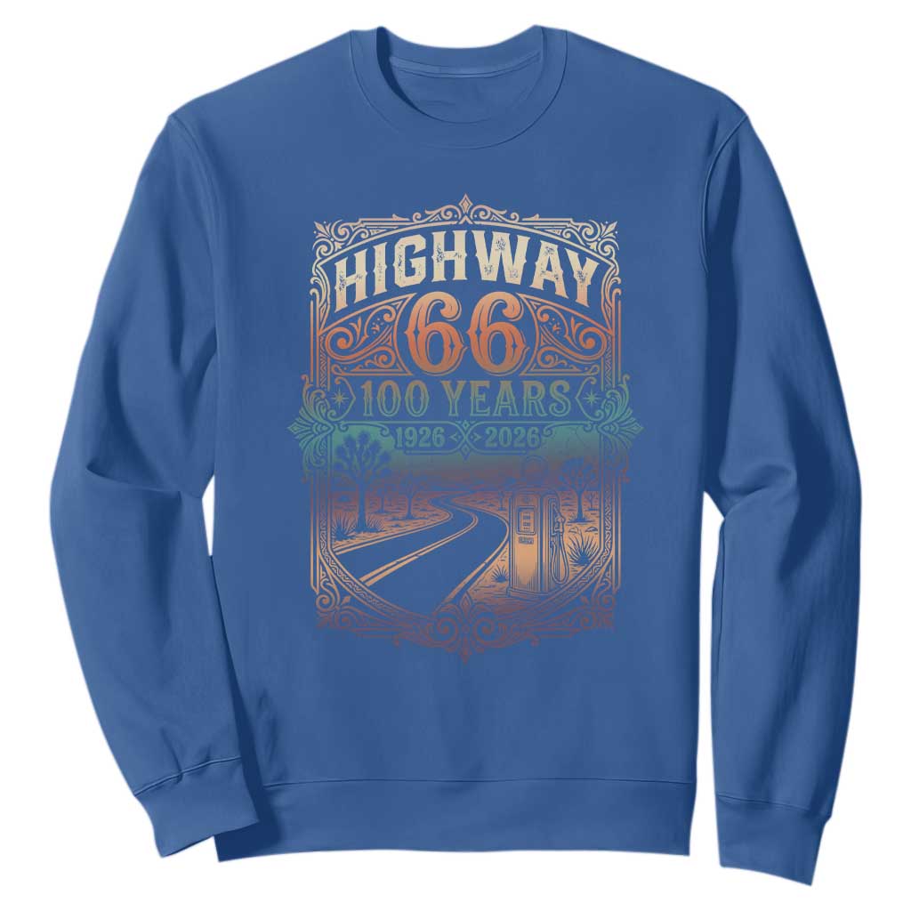Highway 66 100 Years of the Mother Road Sweatshirt Centennial 1926-2026 Desert Oasis Retro Rainbow Graphic TS02 Royal Blue Print Your Wear