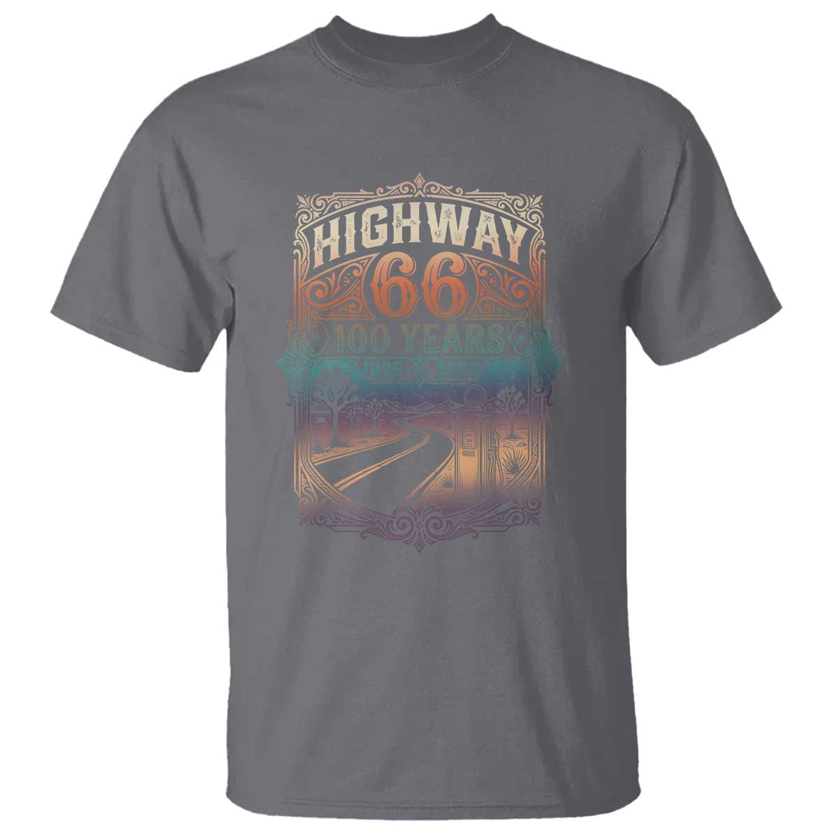 Highway 66 100 Years of the Mother Road T Shirt Centennial 1926-2026 Desert Oasis Retro Rainbow Graphic TS02 Charcoal Print Your Wear