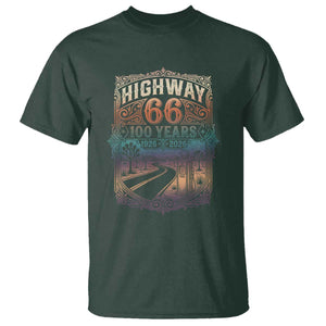 Highway 66 100 Years of the Mother Road T Shirt Centennial 1926-2026 Desert Oasis Retro Rainbow Graphic TS02 Dark Forest Green Print Your Wear