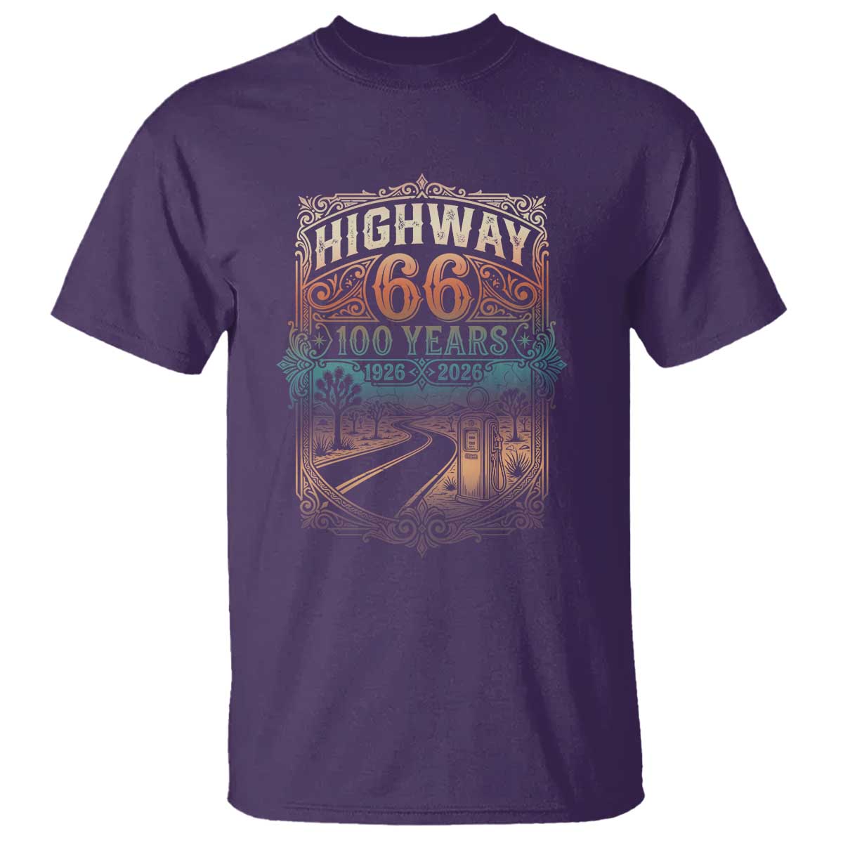 Highway 66 100 Years of the Mother Road T Shirt Centennial 1926-2026 Desert Oasis Retro Rainbow Graphic TS02 Purple Print Your Wear
