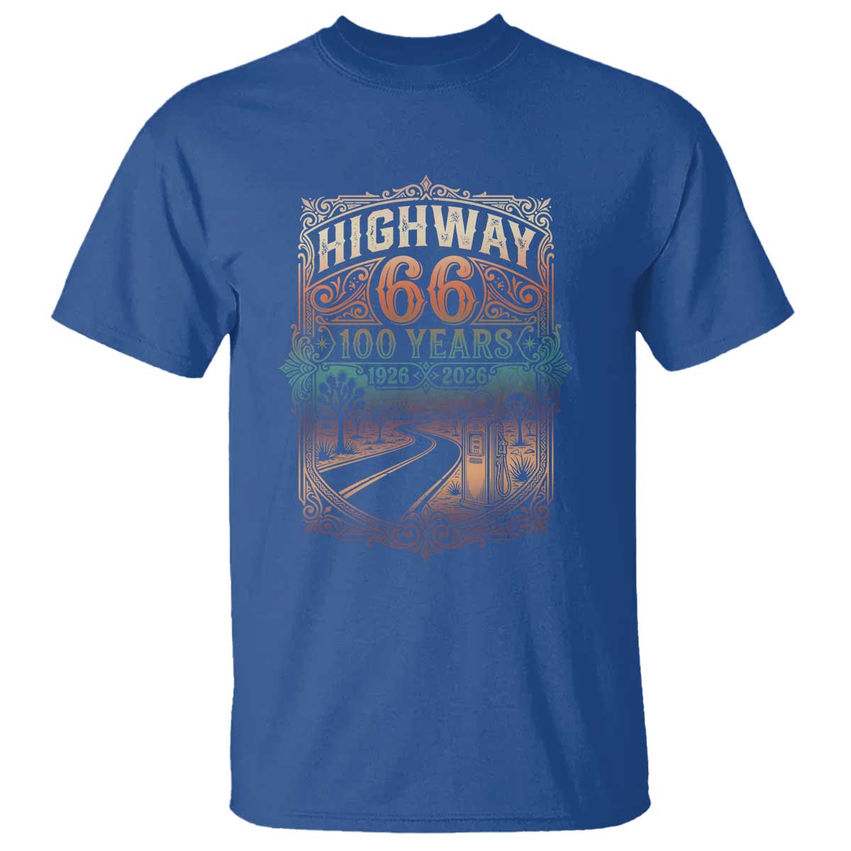 Highway 66 100 Years of the Mother Road T Shirt Centennial 1926-2026 Desert Oasis Retro Rainbow Graphic TS02 Royal Blue Print Your Wear