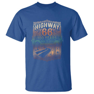 Highway 66 100 Years of the Mother Road T Shirt Centennial 1926-2026 Desert Oasis Retro Rainbow Graphic TS02 Royal Blue Print Your Wear