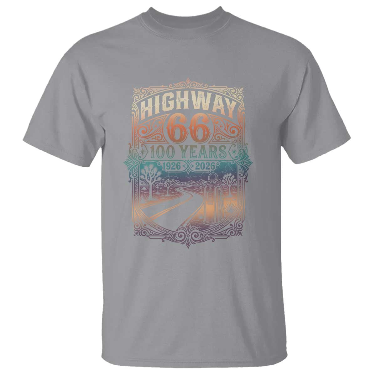 Highway 66 100 Years of the Mother Road T Shirt Centennial 1926-2026 Desert Oasis Retro Rainbow Graphic TS02 Sport Gray Print Your Wear
