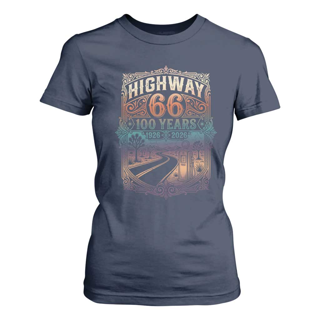 Highway 66 100 Years of the Mother Road T Shirt For Women Centennial 1926-2026 Desert Oasis Retro Rainbow Graphic TS02 Navy Print Your Wear