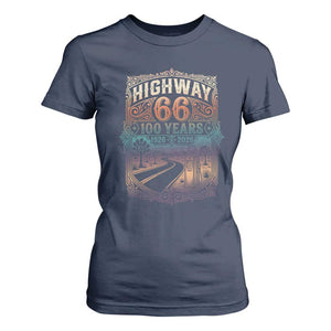 Highway 66 100 Years of the Mother Road T Shirt For Women Centennial 1926-2026 Desert Oasis Retro Rainbow Graphic TS02 Navy Print Your Wear