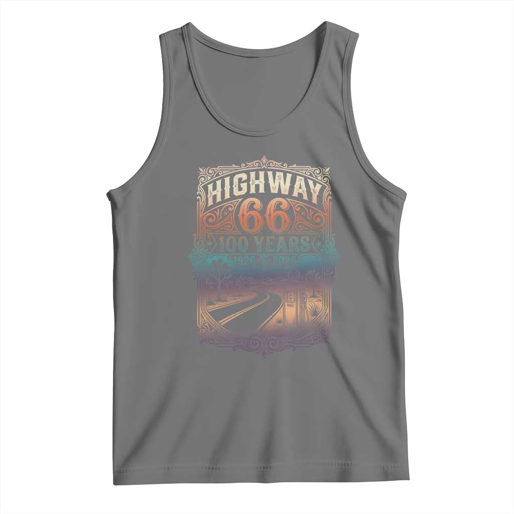 Highway 66 100 Years of the Mother Road Tank Top Centennial 1926-2026 Desert Oasis Retro Rainbow Graphic TS02 Black Heather Print Your Wear