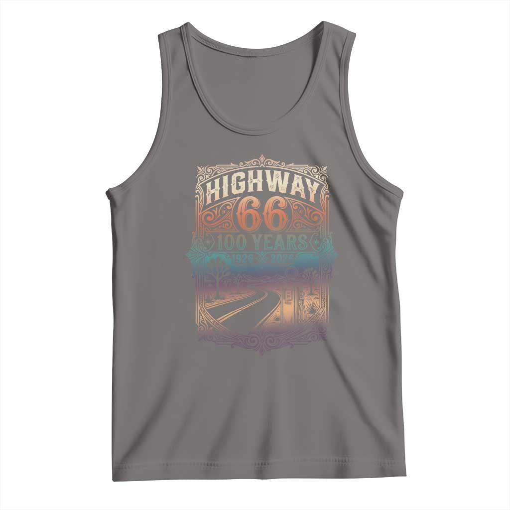 Highway 66 100 Years of the Mother Road Tank Top Centennial 1926-2026 Desert Oasis Retro Rainbow Graphic TS02 Deep Heather Print Your Wear