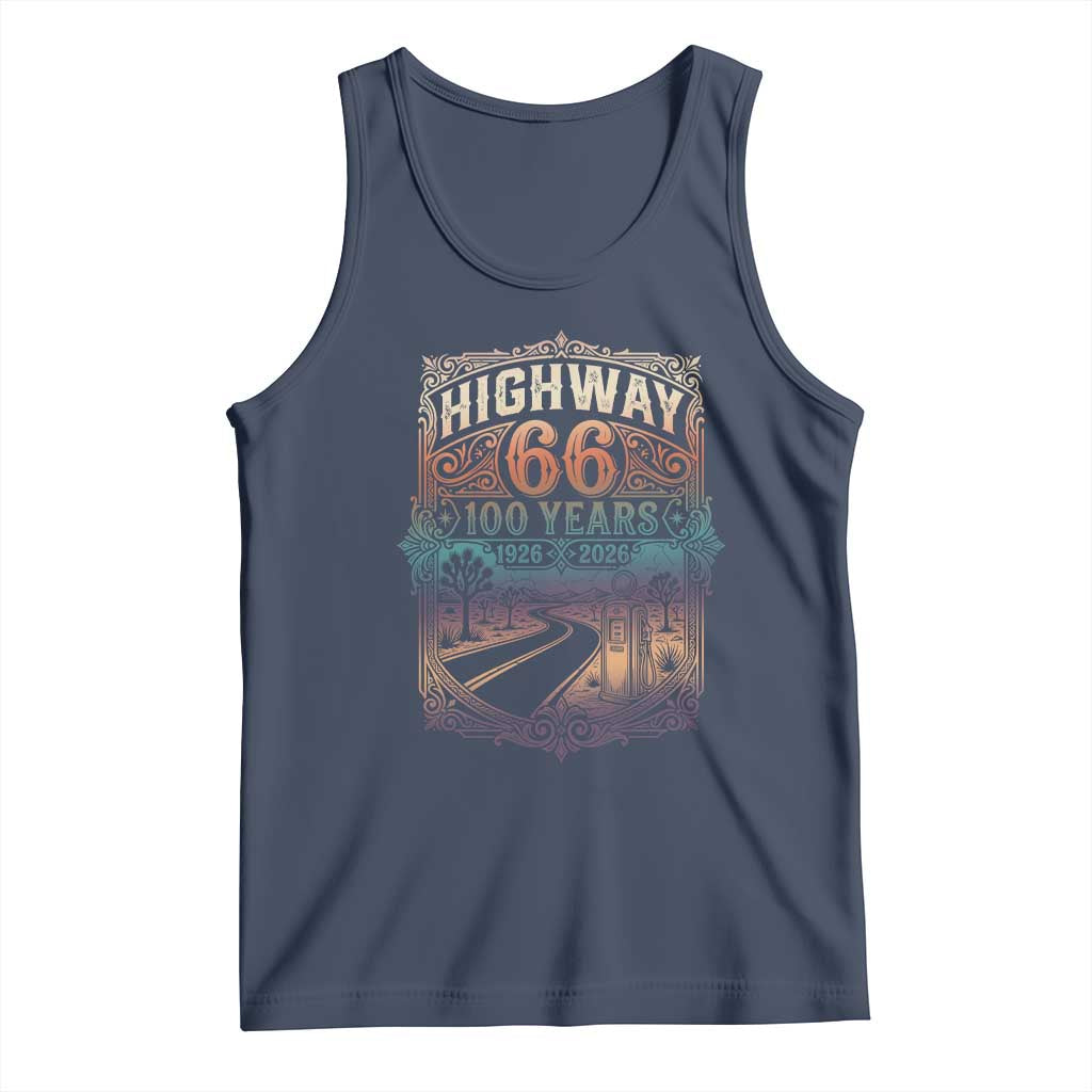 Highway 66 100 Years of the Mother Road Tank Top Centennial 1926-2026 Desert Oasis Retro Rainbow Graphic TS02 Navy Print Your Wear