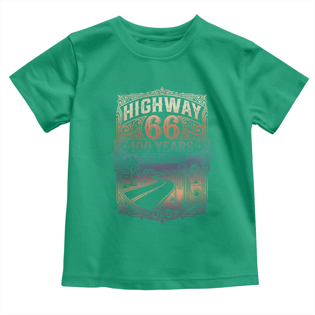 Highway 66 100 Years of the Mother Road Toddler T Shirt Centennial 1926-2026 Desert Oasis Retro Rainbow Graphic TS02 Irish Green Print Your Wear