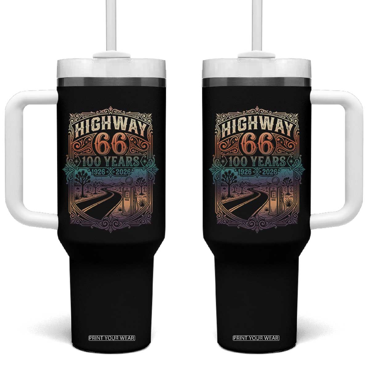 Highway 66 100 Years of the Mother Road Tumbler With Handle Centennial 1926-2026 Desert Oasis Retro Rainbow Graphic TS02 One Size: 40 oz Black Print Your Wear