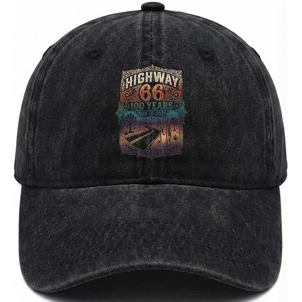 Highway 66 100 Years of the Mother Road Washed Cotton Baseball Cap Centennial 1926-2026 Desert Oasis Retro Rainbow Graphic TS02 Print Your Wear
