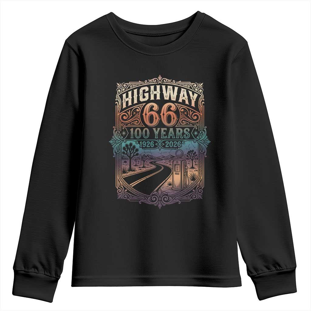 Highway 66 100 Years of the Mother Road Youth Sweatshirt Centennial 1926-2026 Desert Oasis Retro Rainbow Graphic TS02 Black Print Your Wear
