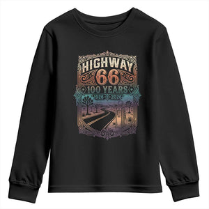 Highway 66 100 Years of the Mother Road Youth Sweatshirt Centennial 1926-2026 Desert Oasis Retro Rainbow Graphic TS02 Black Print Your Wear