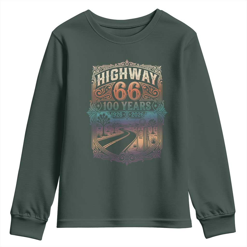 Highway 66 100 Years of the Mother Road Youth Sweatshirt Centennial 1926-2026 Desert Oasis Retro Rainbow Graphic TS02 Dark Forest Green Print Your Wear